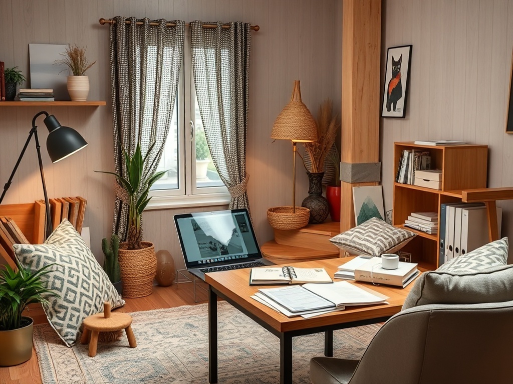 Уютный офис с письменным столом, растениями, мягкой мебелью и большим окном, освещающим пространство.