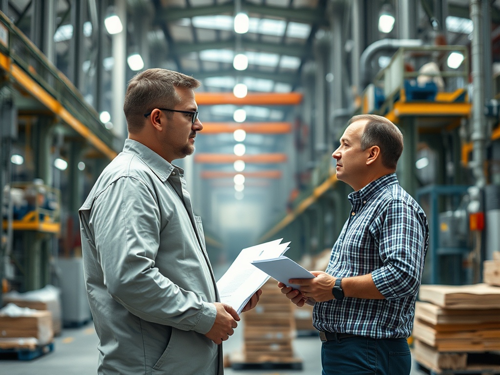 Два человека в помещении склада обсуждают документы и ведут деловую беседу.