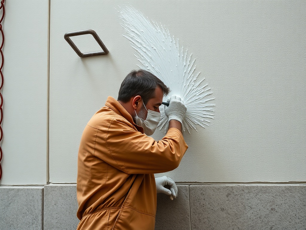 Рабочий в защитной маске наносит декоративное покрытие на стену, используя инструмент для создания узора.
