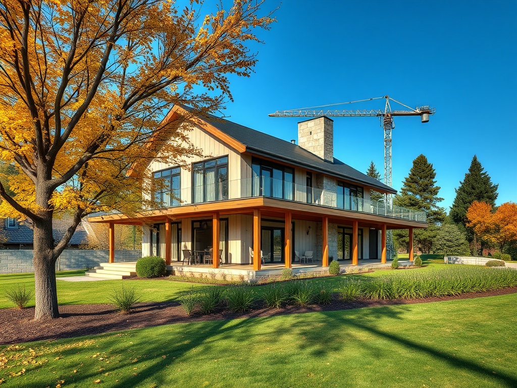Современный дом с большими окнами, окружённый зелёным газоном и деревьями в осенних цветах.