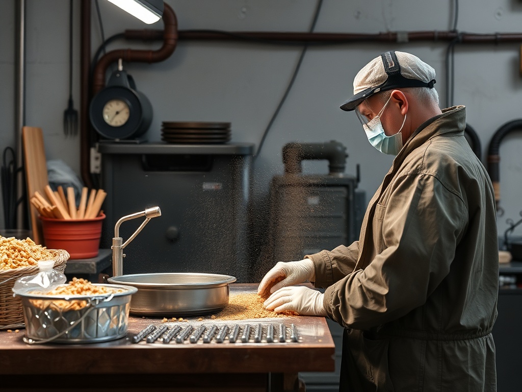 Рабочий в маске обрабатывает ингредиенты на кухне с посудой и инструментами вокруг.