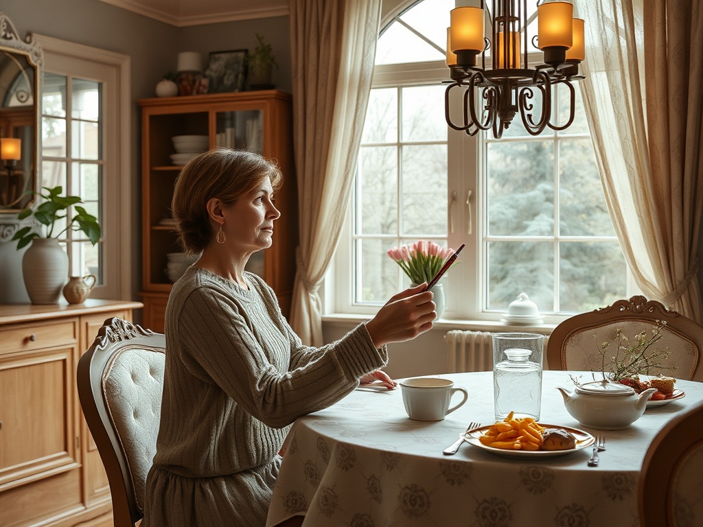 Женщина в светлом интерьере сидит за столом с чашкой кофе и телефоном в руке, смотря в окно.