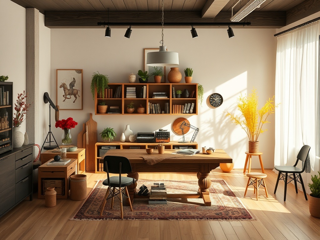 Светлый и уютный интерьер с деревянным столом, растениями и полками, заполненными книгами и предметами декора.