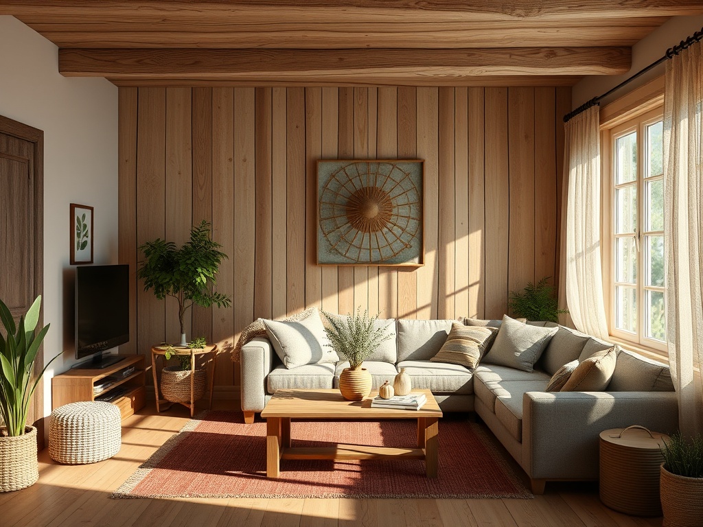 Светлая комната с деревянными стенами, уютным диваном и растениями, наполненная естественным светом.