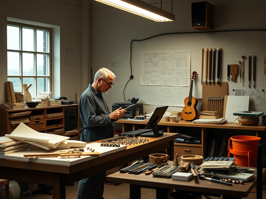 Мастерская, где работает пожилой мужчина, окружённый инструментами и музыкальными инструментами.