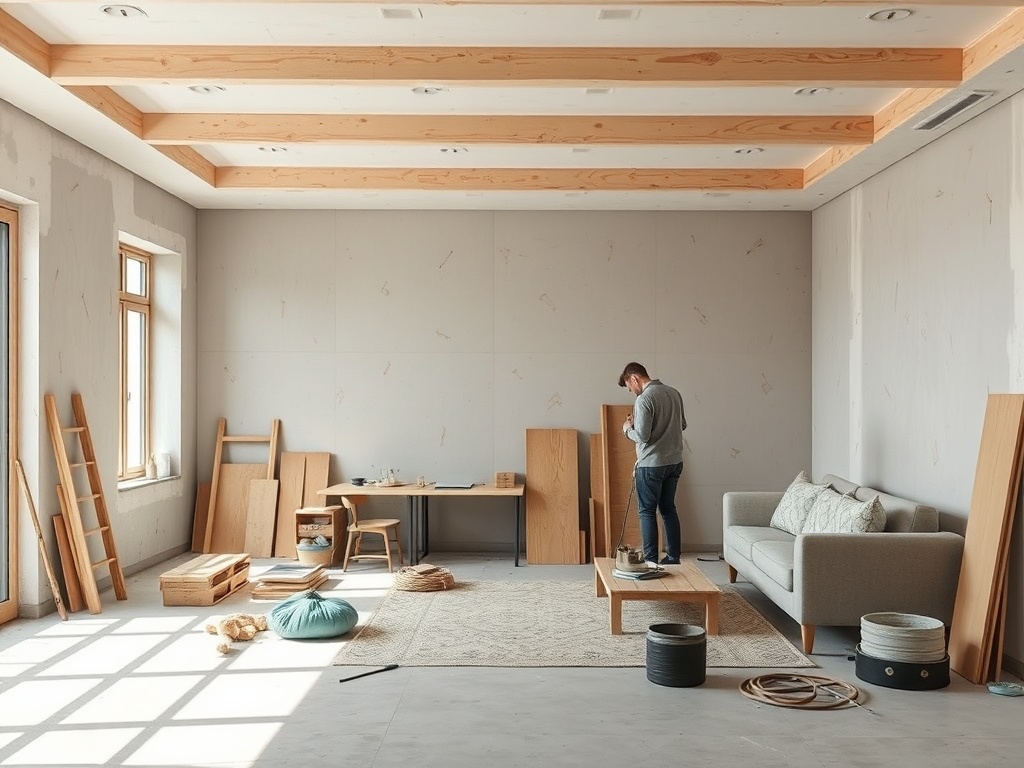 В комнате с деревянным потолком мужчина работает с мебелью, вокруг стоит много материалов для ремонта.
