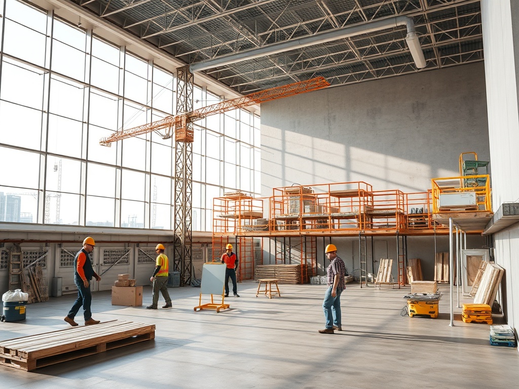 Рабочие в строительном помещении с кранами и строительными материалами. Светлое, открытое пространство.