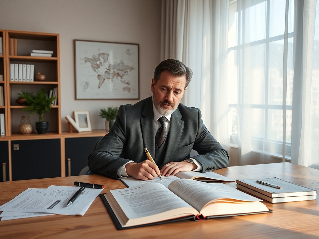 Мужчина в строгом костюме заполняет документы в офисе, окружённый книгами и канцелярскими принадлежностями.