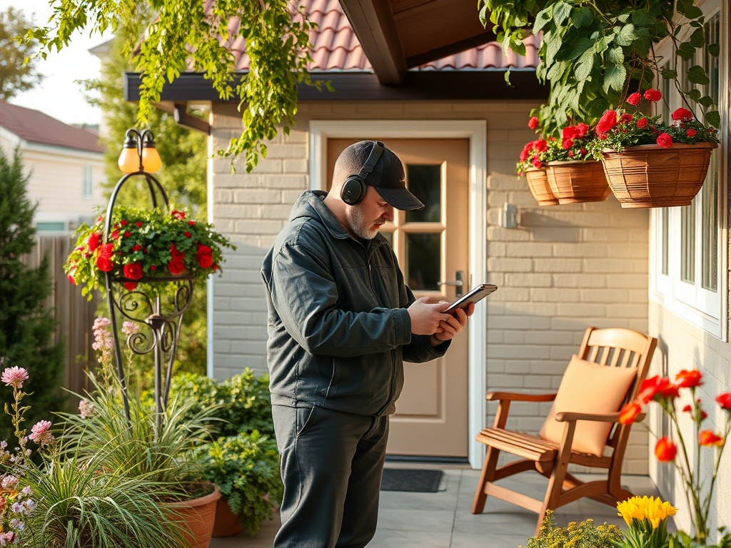 Мужчина в наушниках смотрит на планшет у дома, окружённого цветами и зеленью.