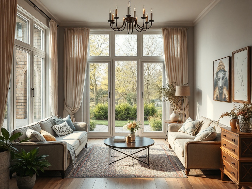 Светлая гостиная с большими окнами, мягкими диванами и стильной мебелью, наполненная уютом и природным светом.