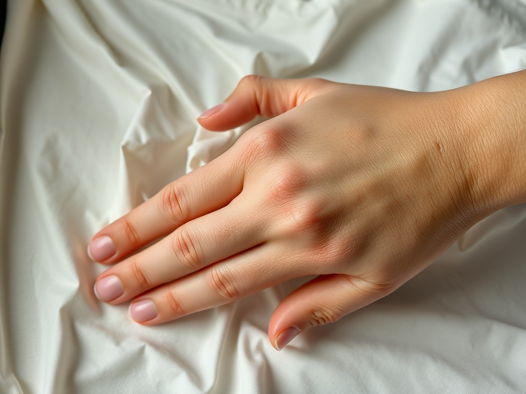 На изображении изображена рука с нежным маникюром, лежащая на белой ткани.