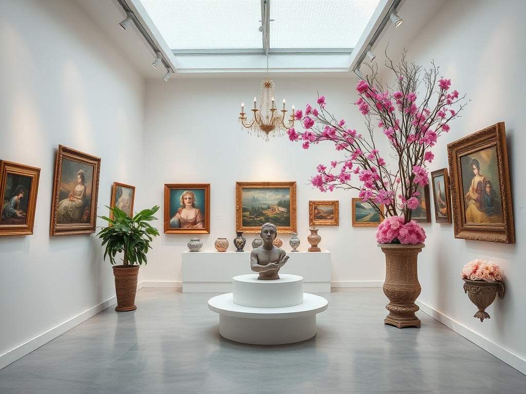 Выставочный зал с картинами, скульптурой и цветами. Светлый интерьер, уютная атмосфера.