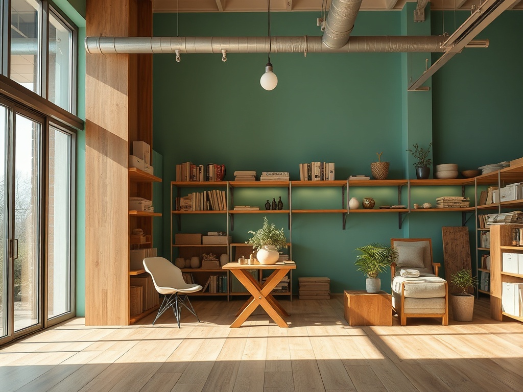 Светлое и просторное помещение с уютной мебелью, полками и зелеными растениями на фоне голубых стен.