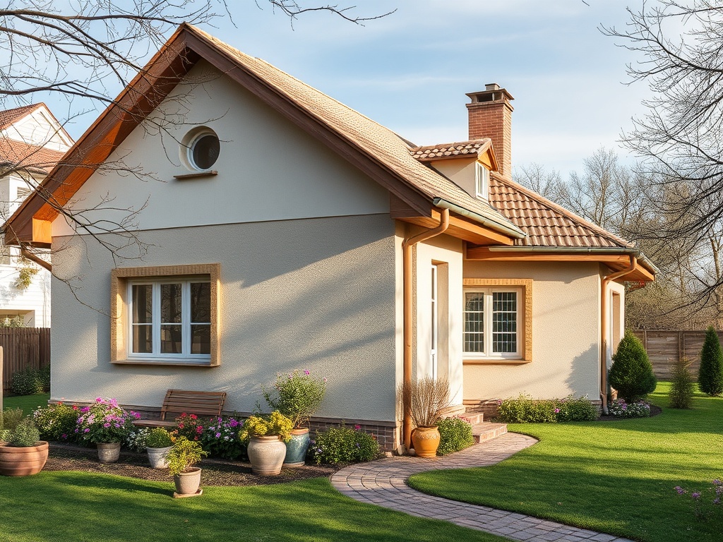 Уютный дом с ухоженным садом и цветами, окруженный зеленым газоном и деревьями.