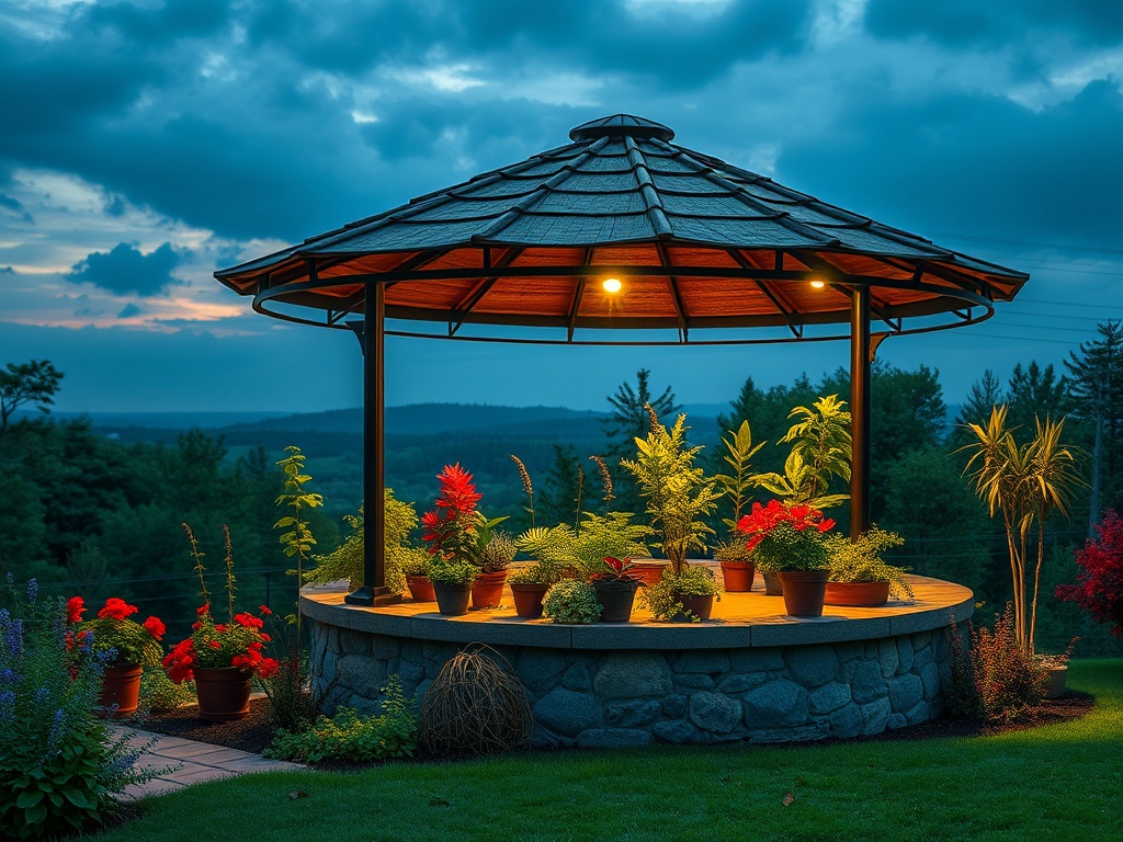 Павильон в саду с яркими цветами, освещенный вечерним светом, на фоне заката и зелёных холмов.