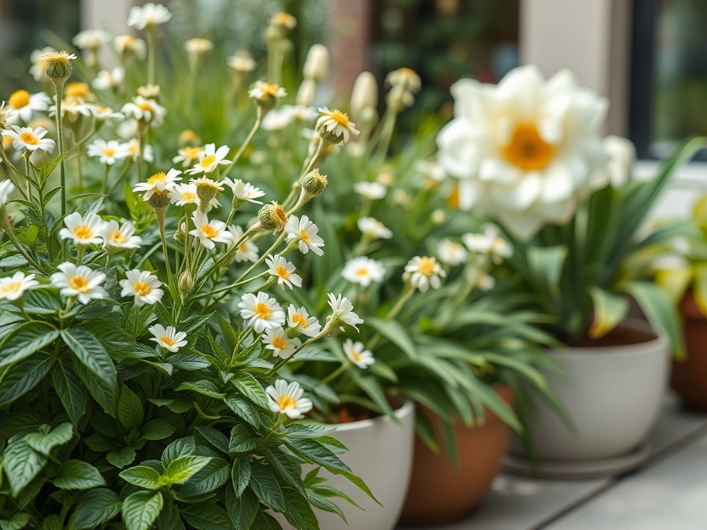 Цветочные горшки с белыми цветами и зелеными листьями на фоне. Яркие и свежие растения в саду.