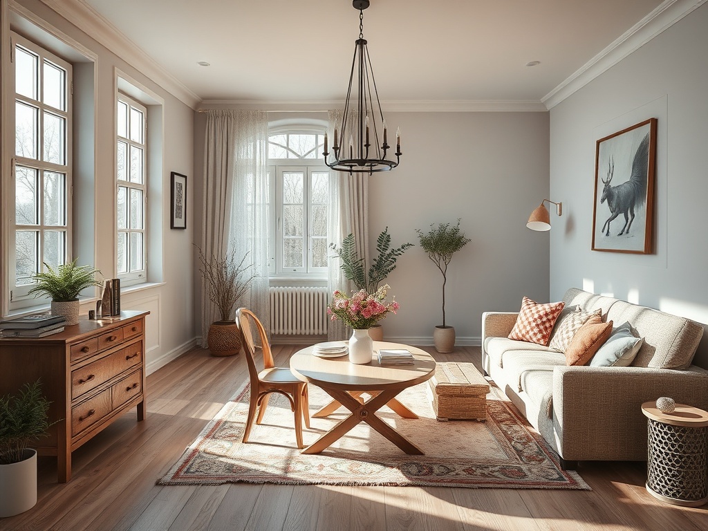 Уютная гостиная с мягкой мебелью, растениями и светлыми окнами, создающими тепло и комфорт.