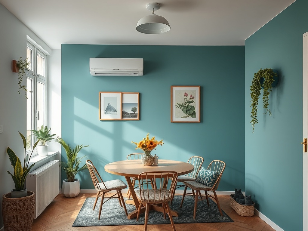 Светлое и уютное помещение с обеденным столом, стульями и зелеными растениями на фоне голубой стены.
