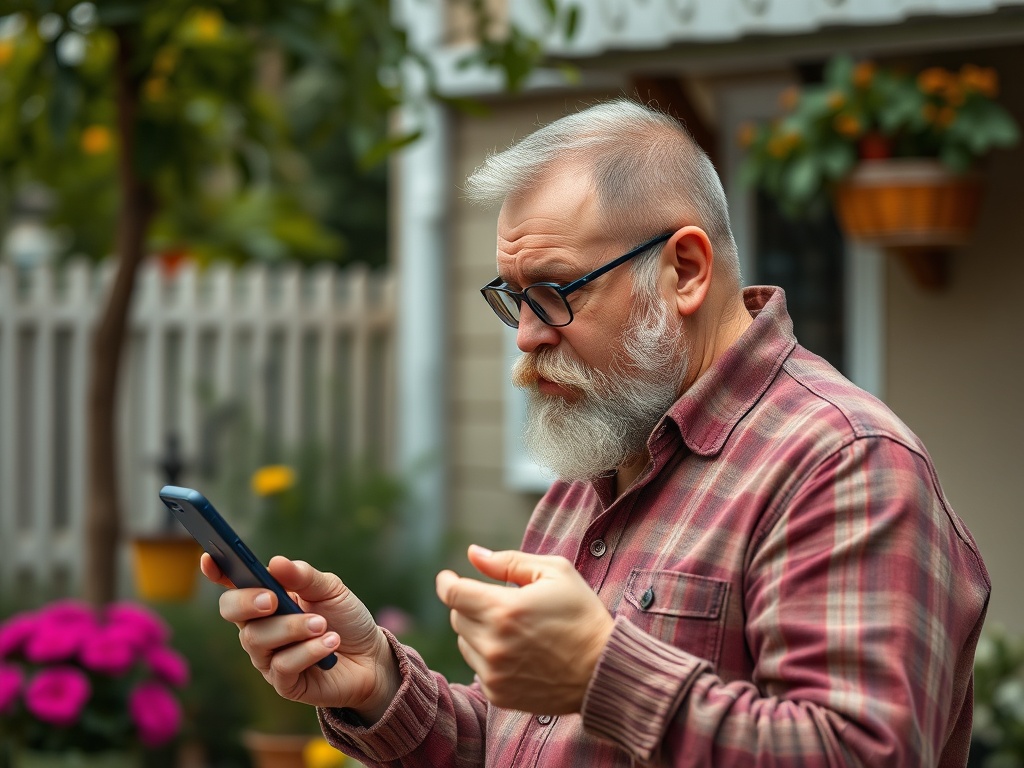 Пожилой мужчина с бородой смотрит на свой телефон на фоне зелени и цветов. Он задумчив.