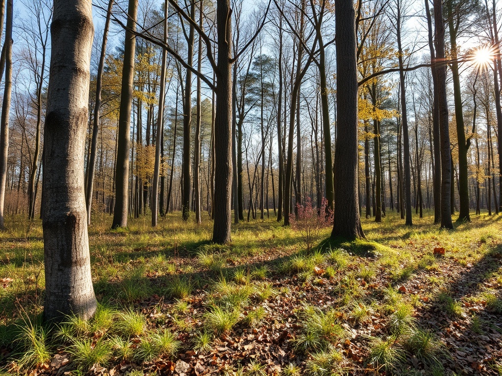Лесная прогулка: высокие деревья, солнечные лучи пробиваются сквозь листву, зелёная трава под ногами.