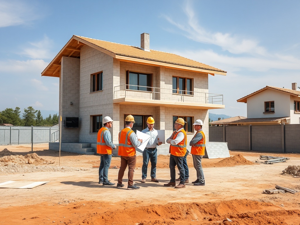 Группа строителей обсуждает проект нового дома на строительной площадке в ясный день.