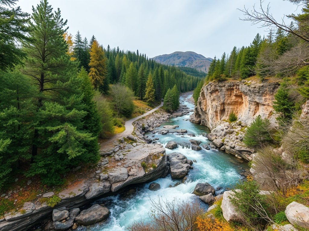 Живописный пейзаж с рекой, окружённой зелёными деревьями и скалами, вдали виднеются горы.