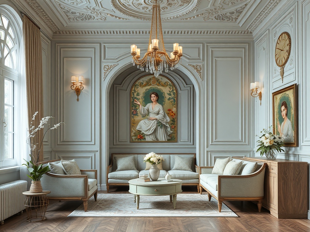 Элегантная гостиная с роскошными элементами, картинами и мягкой мебелью в светлых тонах.