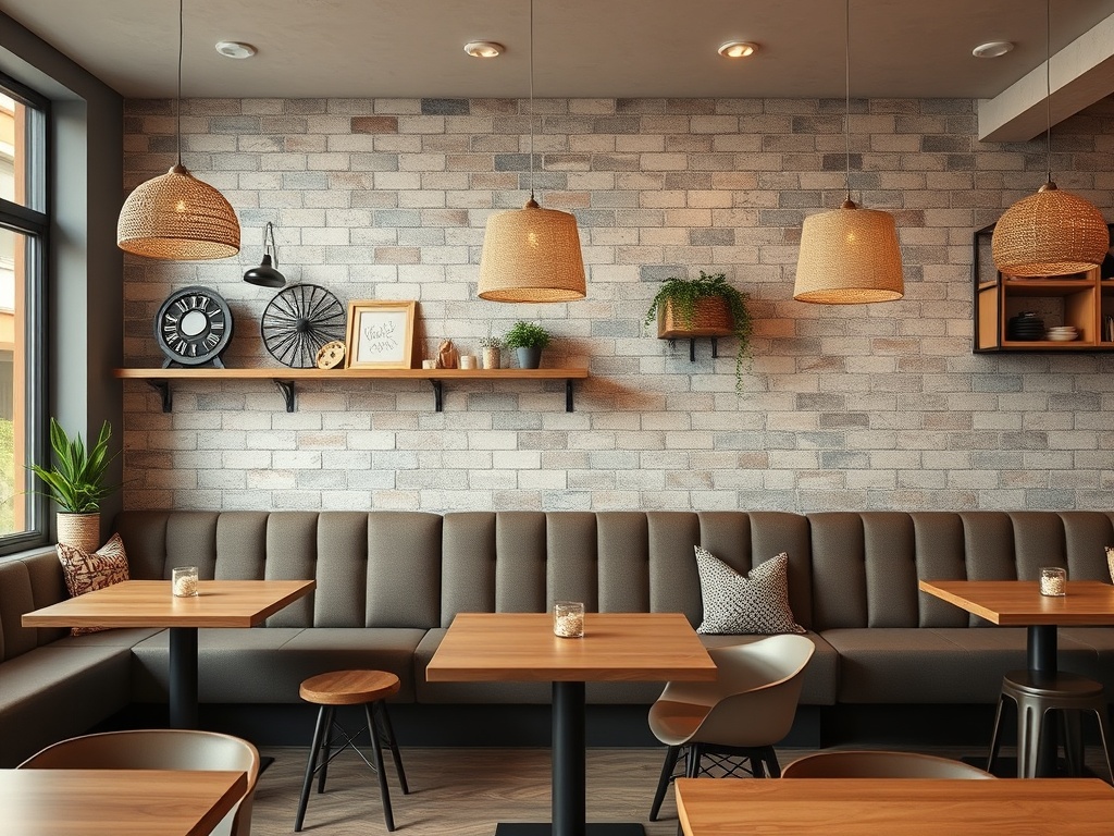 Современный интерьер кафе с уютными диванами и стильными лампами. Деревянные столы и зелень в декоре.