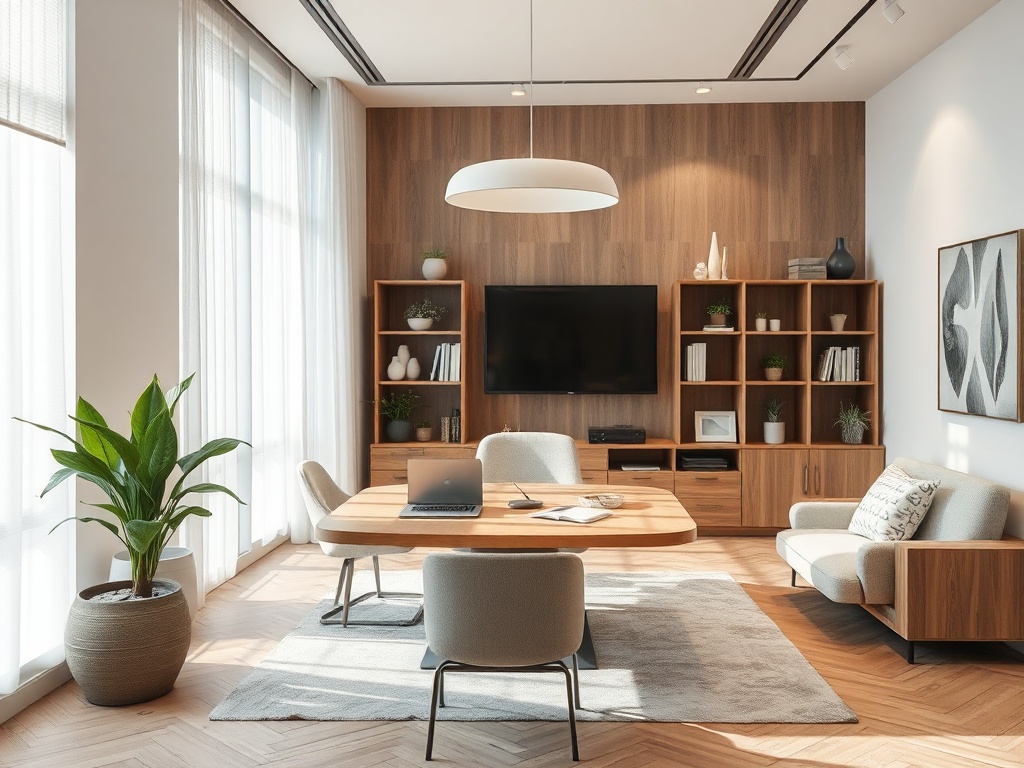 Современный офис: деревянная мебель, телевизор на стене, растения и много света через большие окна.